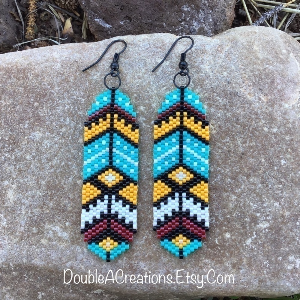 Southwest Turquoise Feathers Beaded Earrings, New, Handmade by Me - Picture 3 of 7